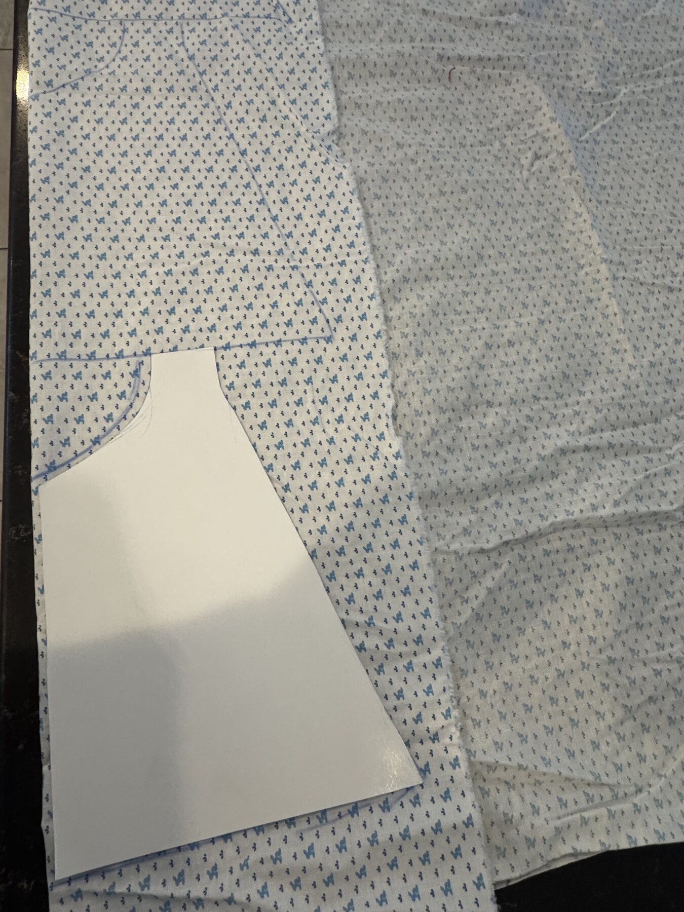 A cape pattern positioned on the selected fabric