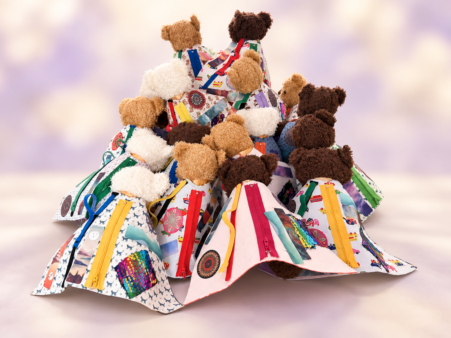 A close-up of Troop 161's completed teddy bears wearing colorful handmade capes against a softly blurred cream and lavender background