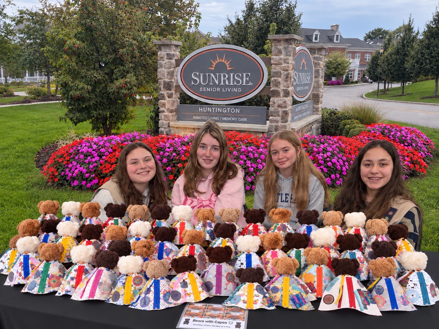 The Silver Award team and fellow Troop 161 member Ashley with all 51 comfort bears at Sunrise of Huntington